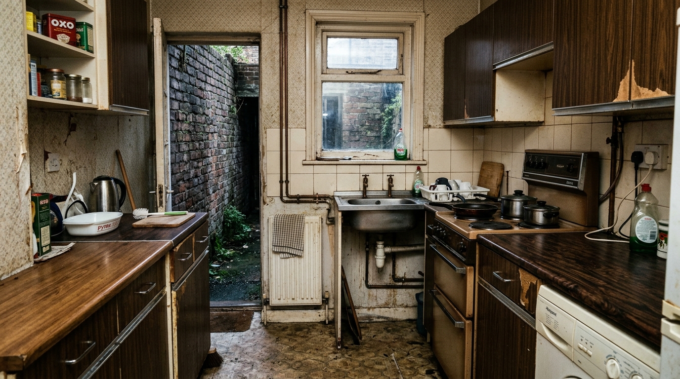 Original dated domestic kitchen before extension