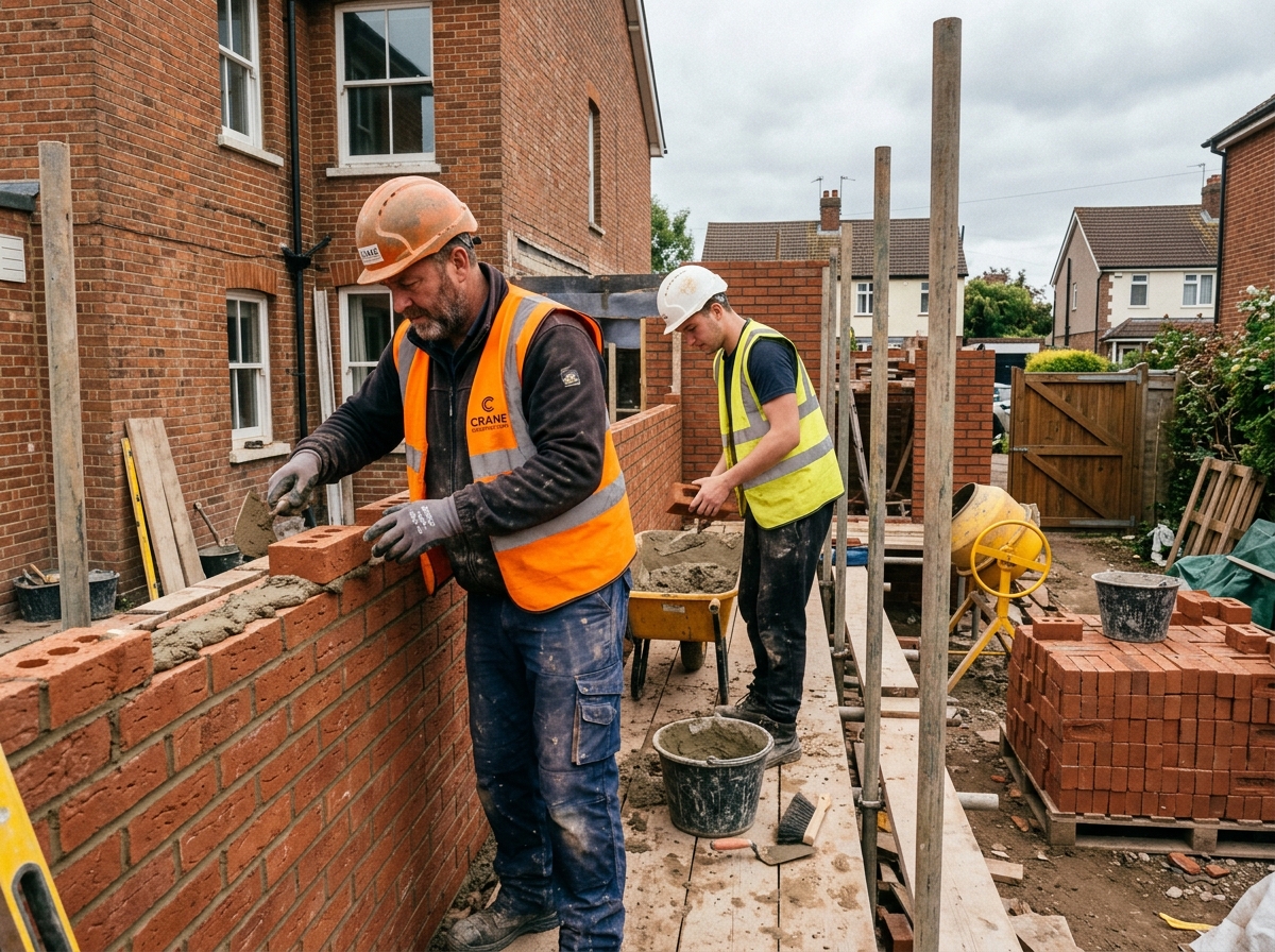 Master bricklayer laying matching brickwork on a domestic home extension